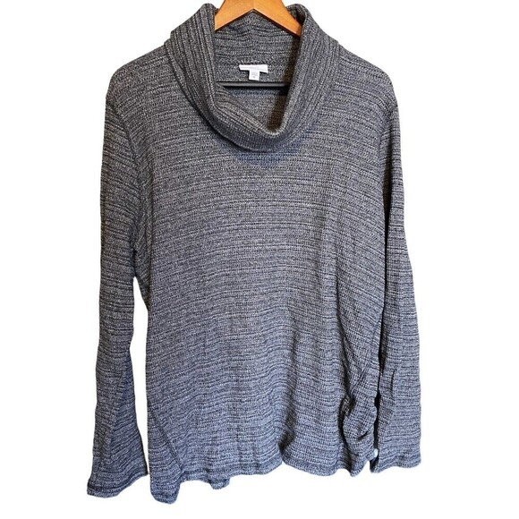 J Jill Top Womens XL Waffle Thermal Knit Cowl Neck Ruched Tie Sides Gray Black - Picture 1 of 7